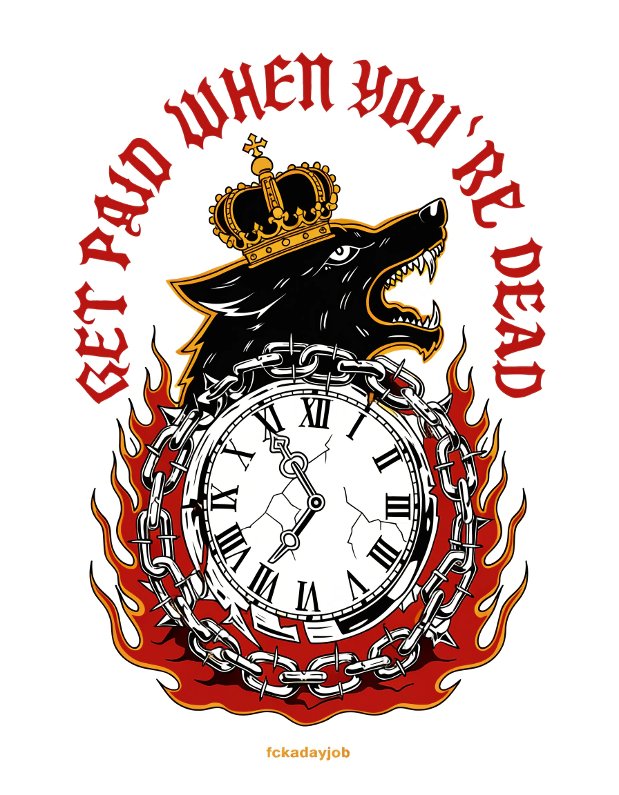 GET PAID WHEN YOU'RE DEAD — crowned wolf and burning clock